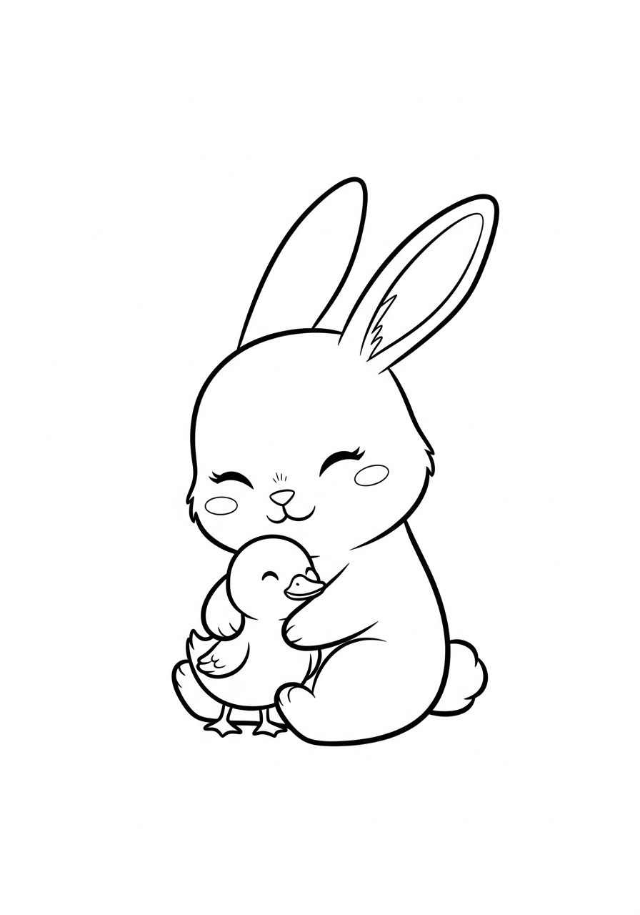 Cute rabbit and duckling kawaii coloring page